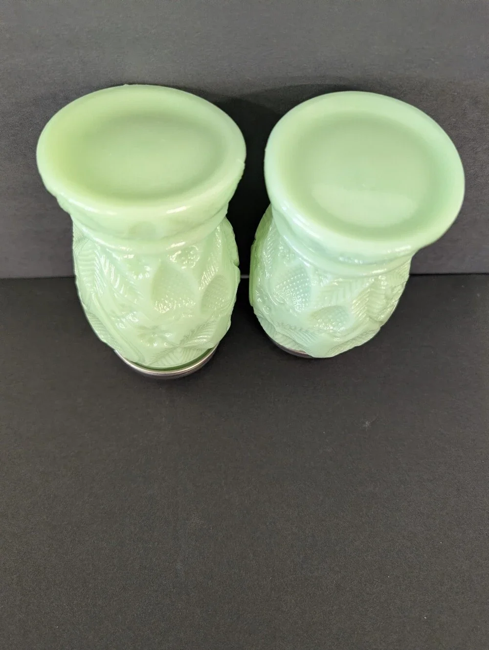 Jadite Green Embossed Glass Salt & Pepper Shakers